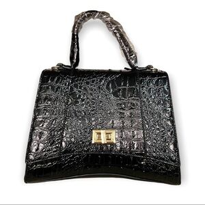HOURGLASS BLACK EMBOSSED CROC LIKE HANDBAG PLUS WALLET